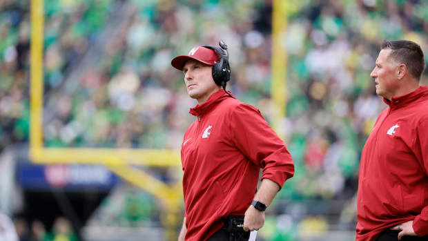Oct 21, 2023; Eugene, Oregon, USA; Washington State Cougars head coach Jake Dickert reacts on the sidelines during the first half against the Oregon Ducks at Autzen Stadium. Mandatory Credit: Soobum Im-USA TODAY Sports
